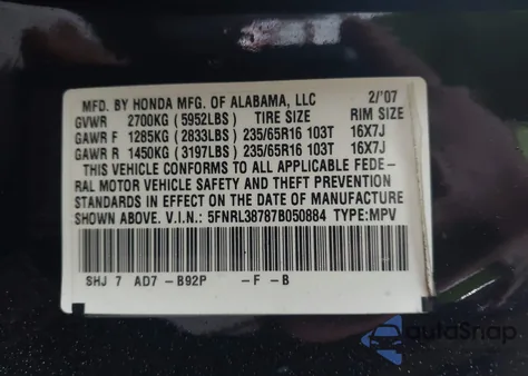 2007 Honda Odyssey Ex-L z USA, uszkodzony, nr VIN 5FNRL38787B050884